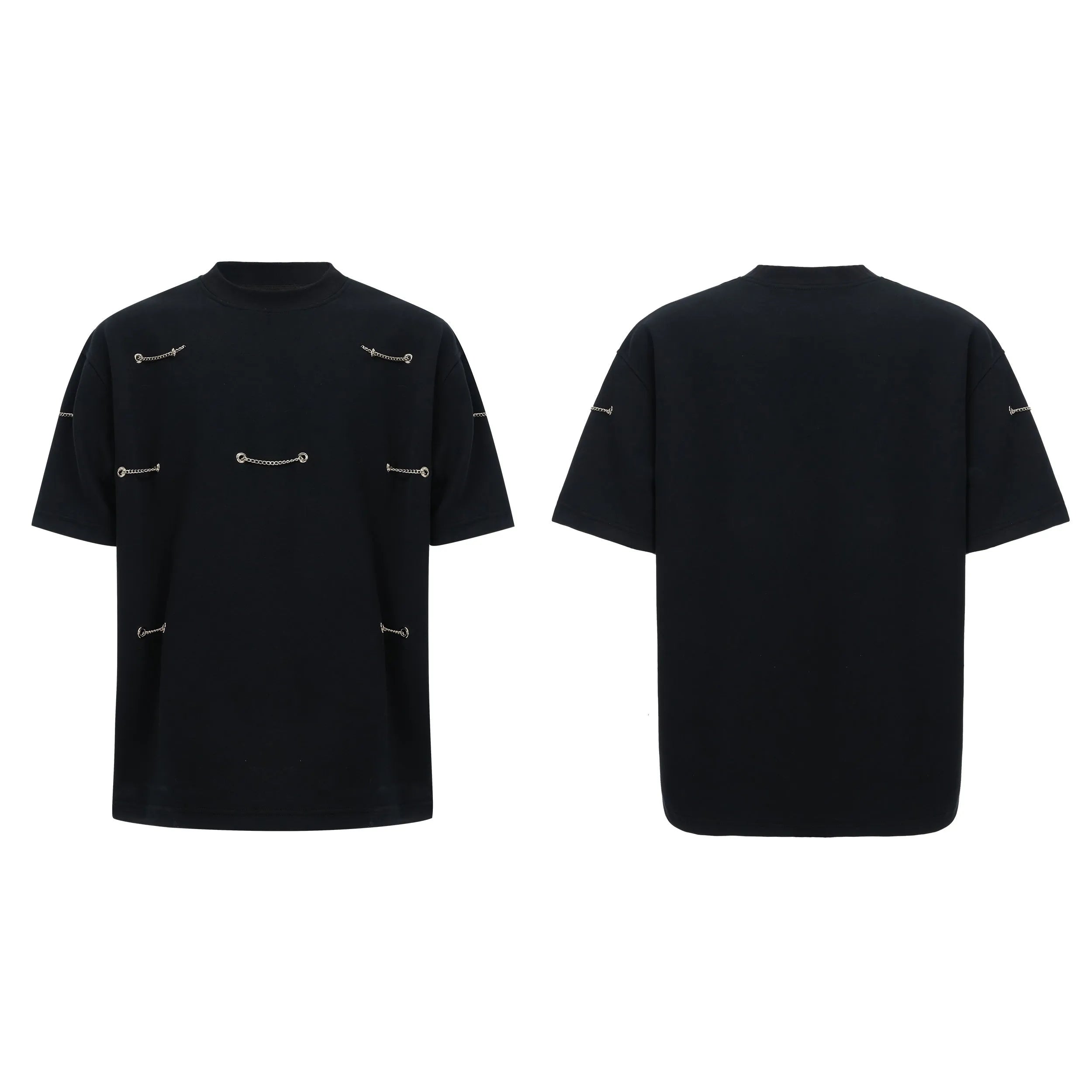 Black heavy cotton t-shirt with padded chain shoulder detail on short sleeves