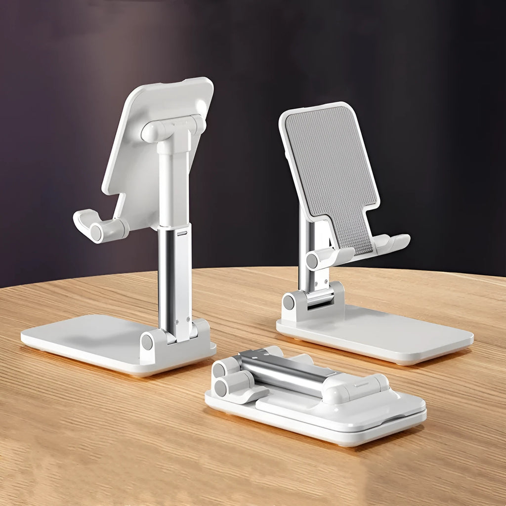 Universal folding telescopic mobile phone bracket stand in blue on a desktop, showing anti-skid silicone pad.