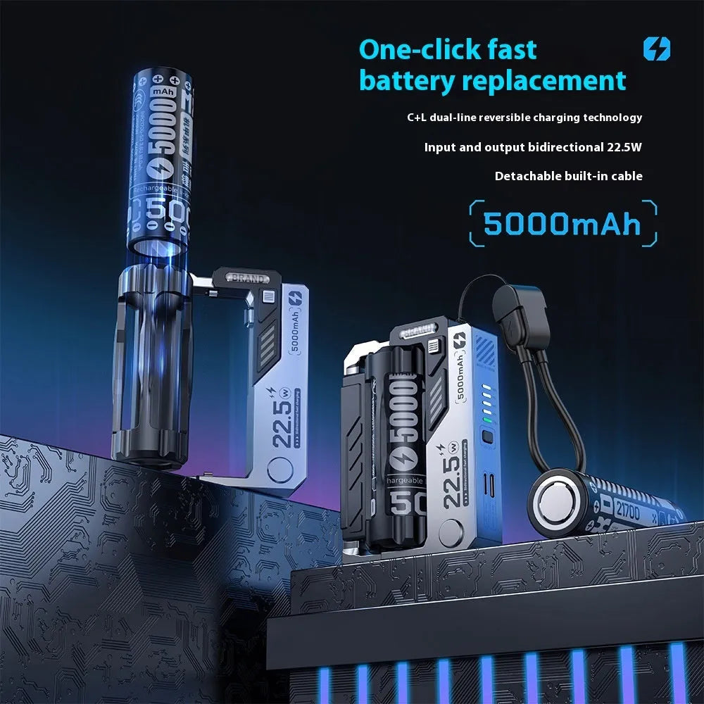 Tactical Mech USB-C power bank in Mecha Gray with cartridge replacement batteries showing front and side view