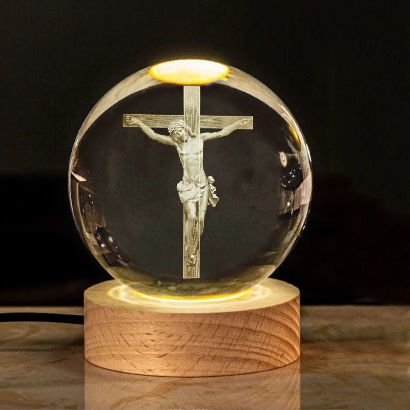 White crystal ball desk lamp with a solid wood base and an embedded cross design.