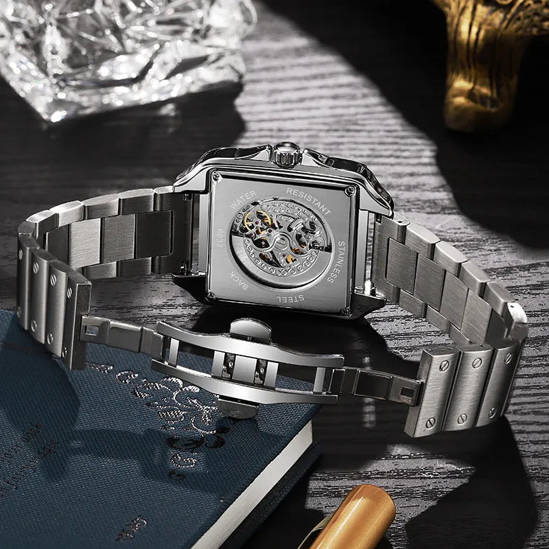 Men's square diamond-studded automatic watch on wrist, model 6066A.