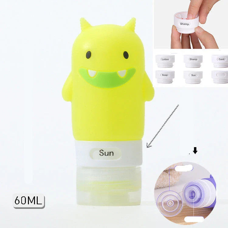 Portable travel bottles in various animal-themed designs for storing toiletries and liquids