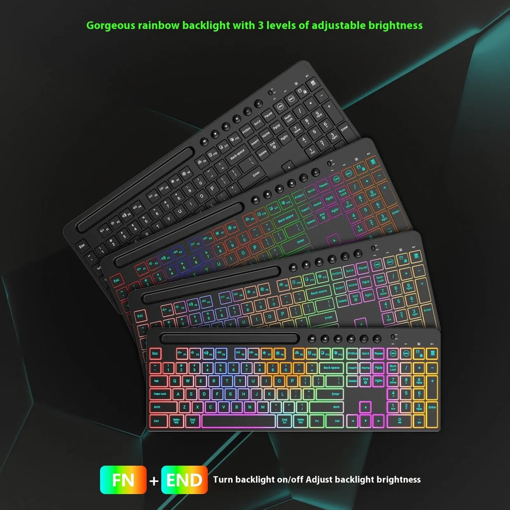 Black wireless keyboard and mouse set with luminous keys and integrated card slot for office use