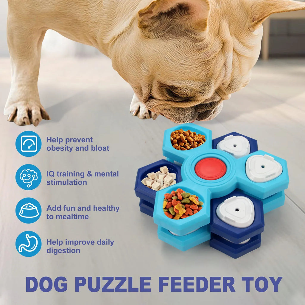 Blue plastic 4-layer slow feeder puzzle dog bowl with non-slip base assembled on a flat surface