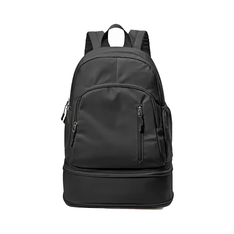 Waterproof 20-35L polyester backpack in black with adjustable curved shoulder straps