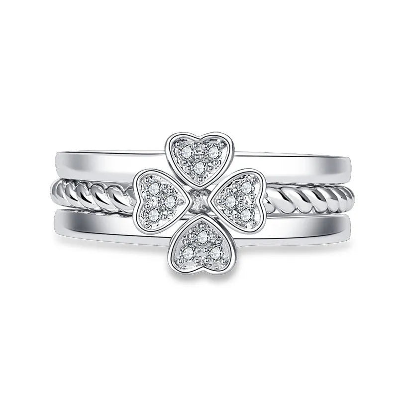 Four-leaf clover adjustable ring set for women with spinning top and zircon stones in white gold finish