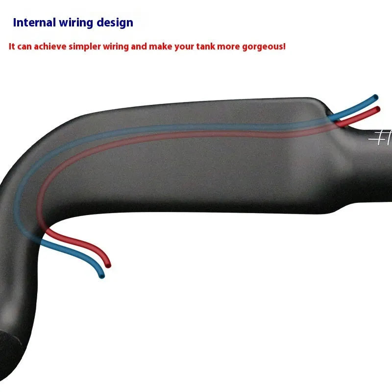 Carbon fibre road bicycle handlebar showing red double-line graphic on a black background.