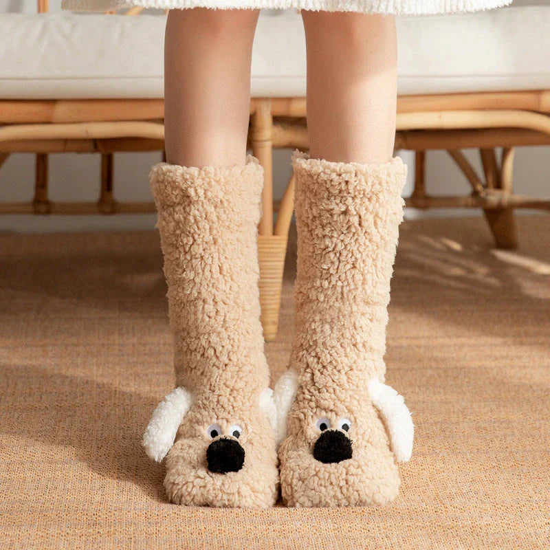 Adorable cartoon dog design plush socks for women, warm and non-slip, perfect for winter.
