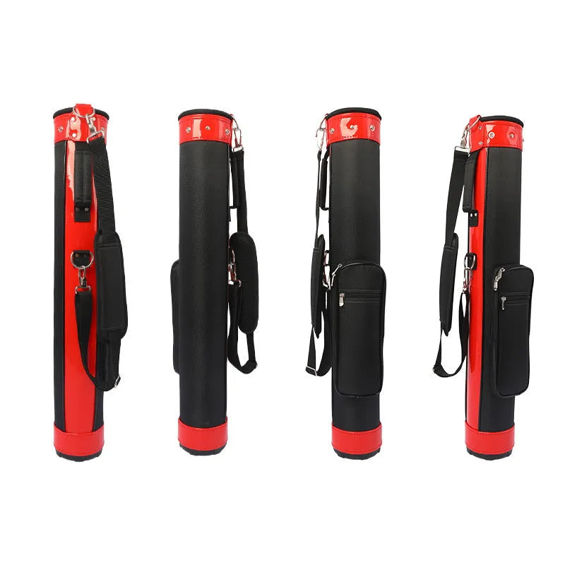 Large capacity leather golf bag in red next to clubs, 15cm by 89cm size