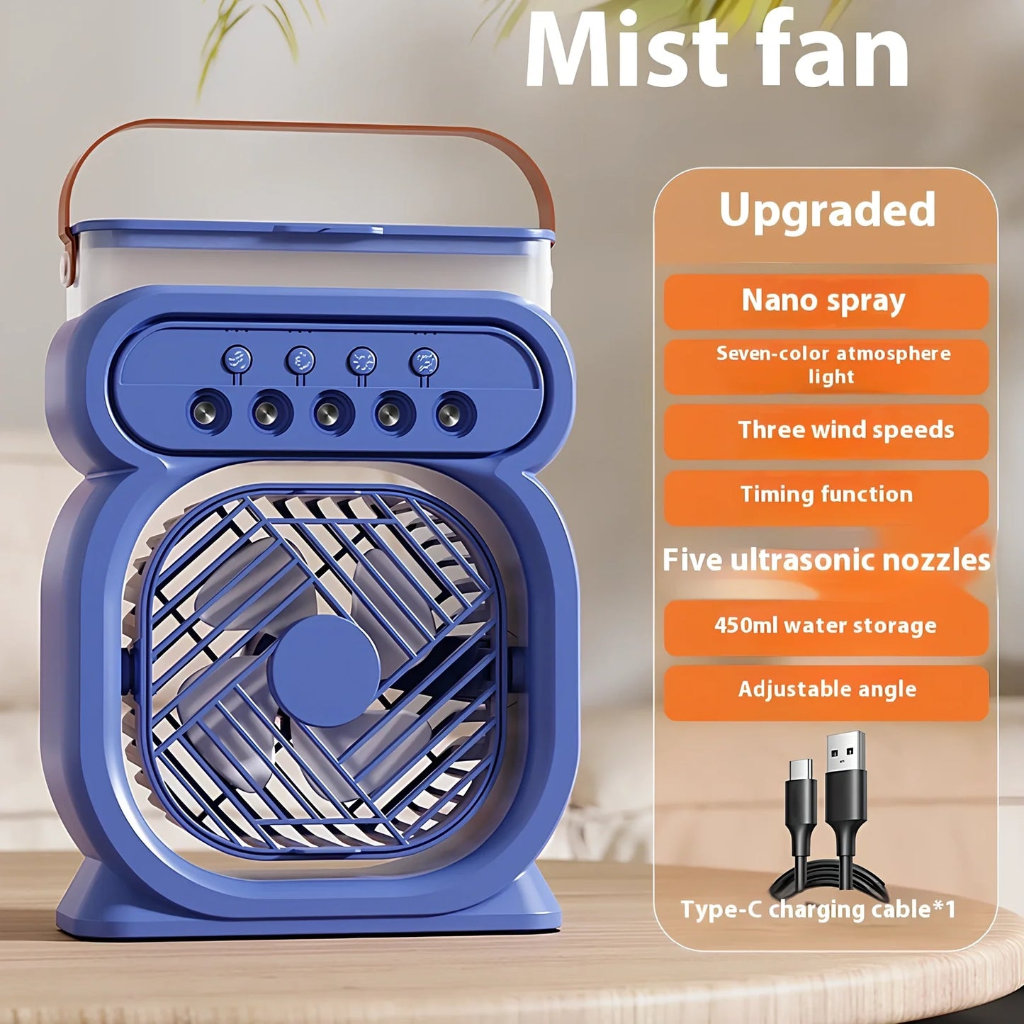 Black 3-in-1 portable USB air cooler with 7-colour LED lights, 170x75x240mm, showing water tank and speed controls