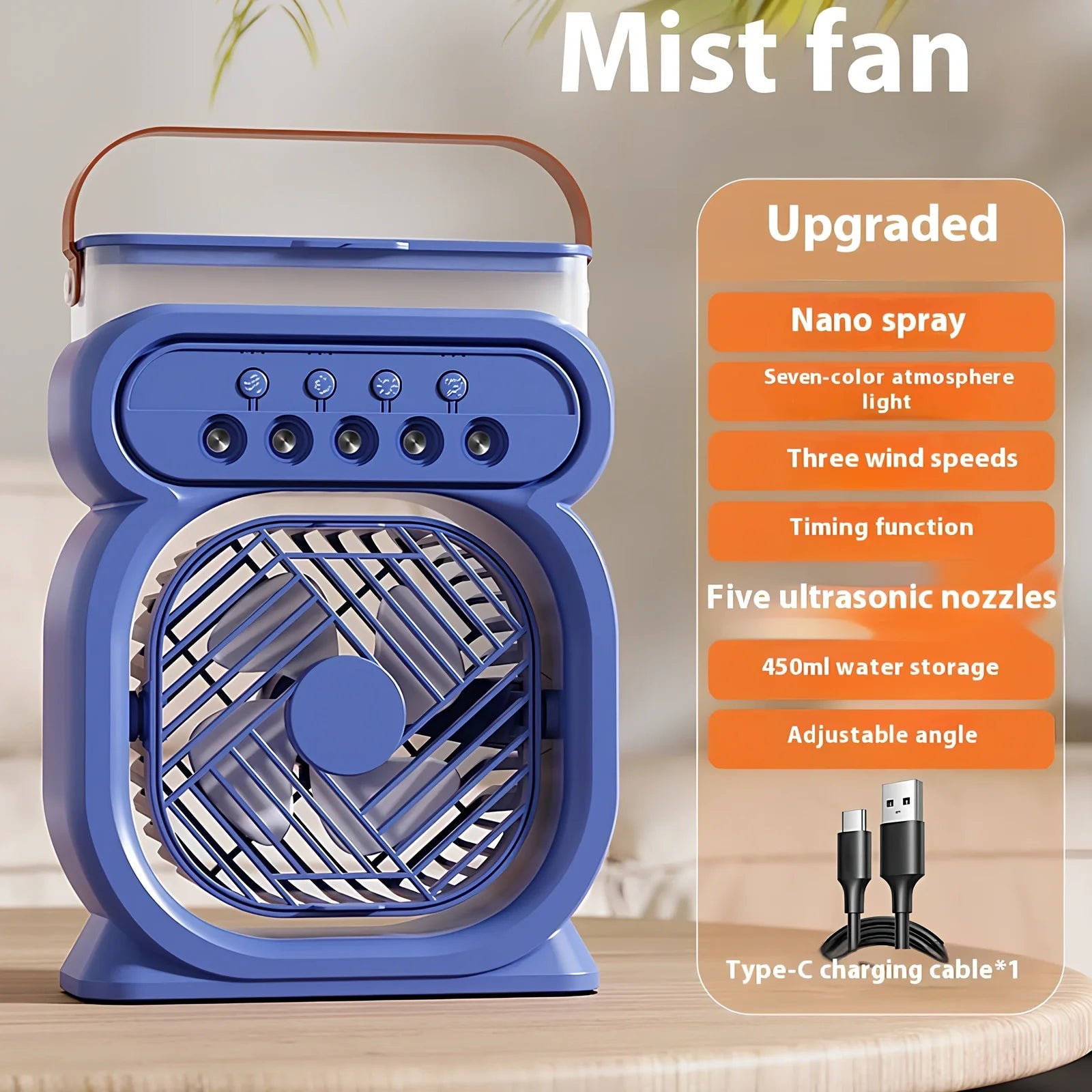 Black 3-in-1 portable USB air cooler with 7-colour LED lights, 170x75x240mm, showing water tank and speed controls