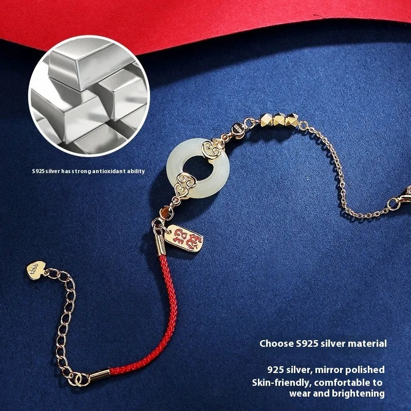 Hetian Jade gourd bracelet, Fu character necklace, and earrings set in 925 sterling silver.