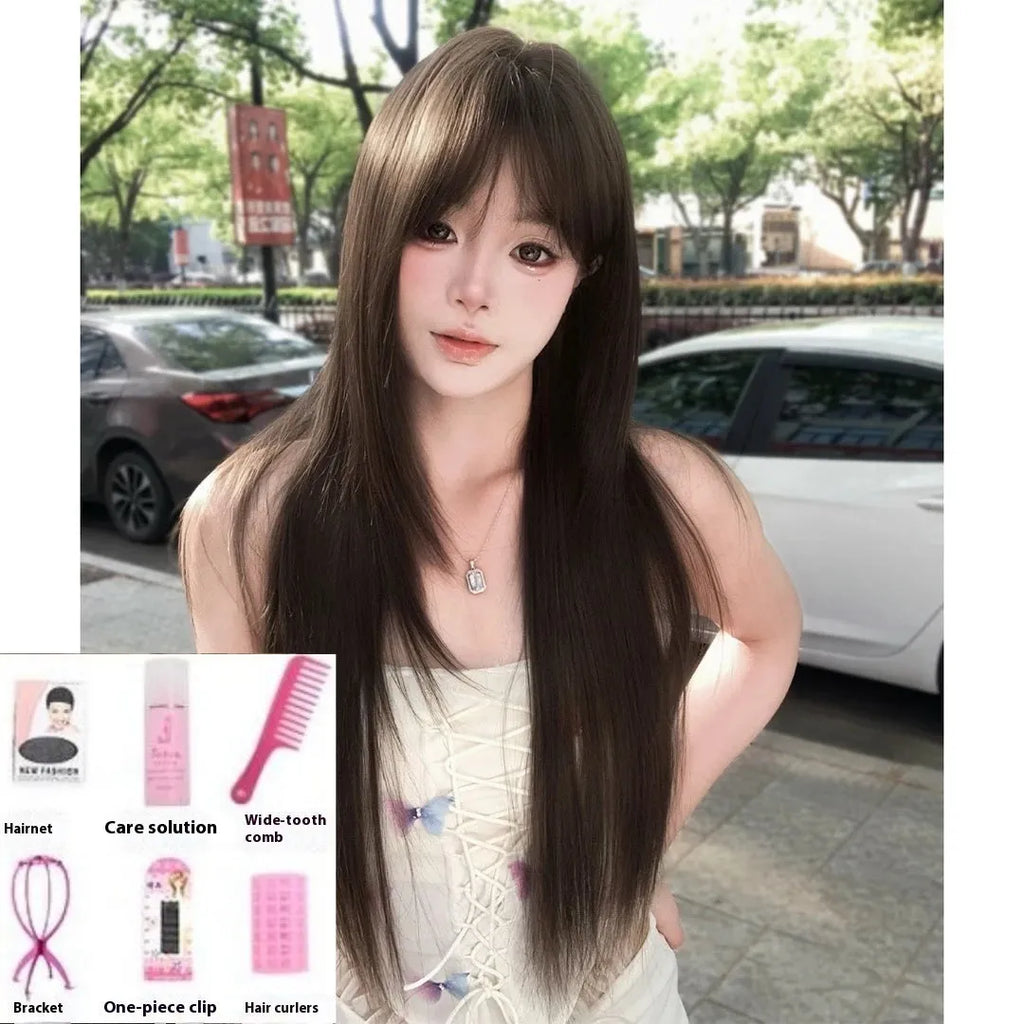 Brown black simulation wig with black tea colour treatment and wear-free hair net construction