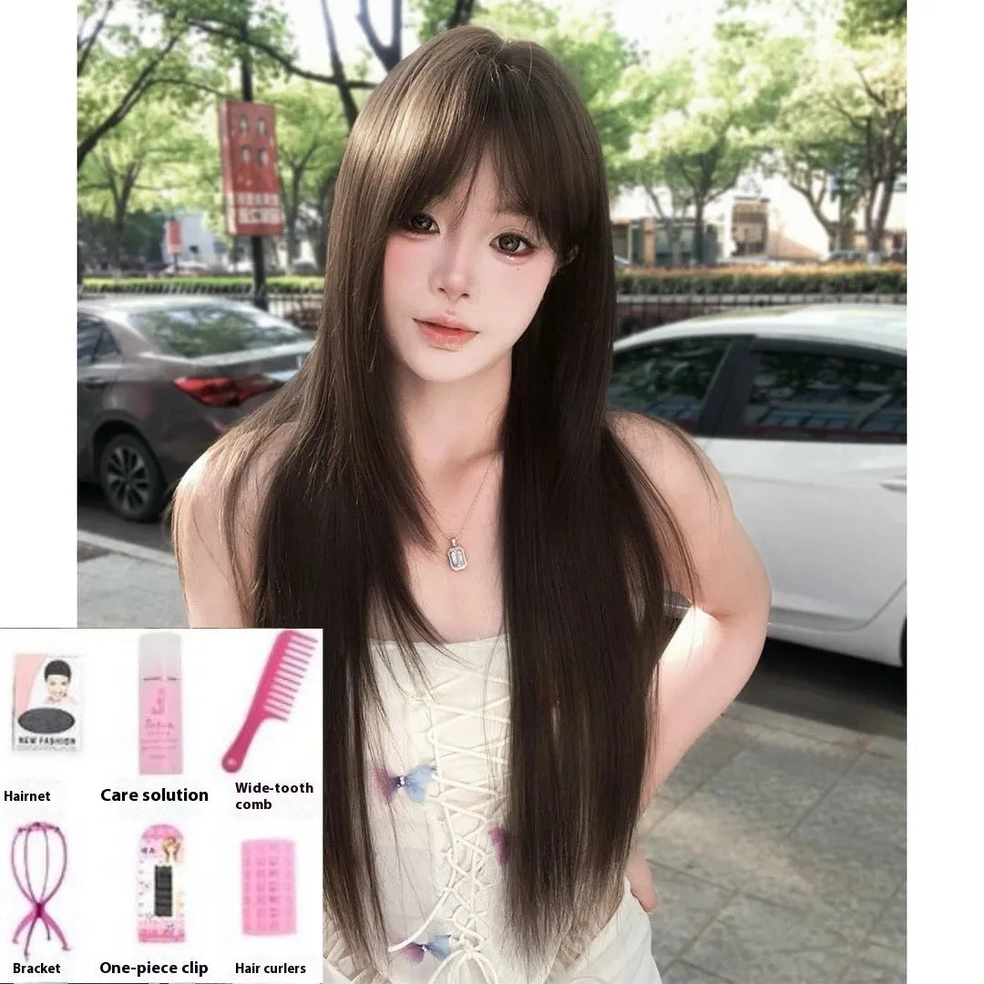 Brown black simulation wig with black tea colour treatment and wear-free hair net construction