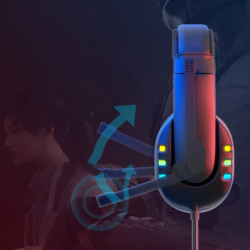 Black gaming headset with colourful LED lighting, omnidirectional microphone, and nylon-braided cable