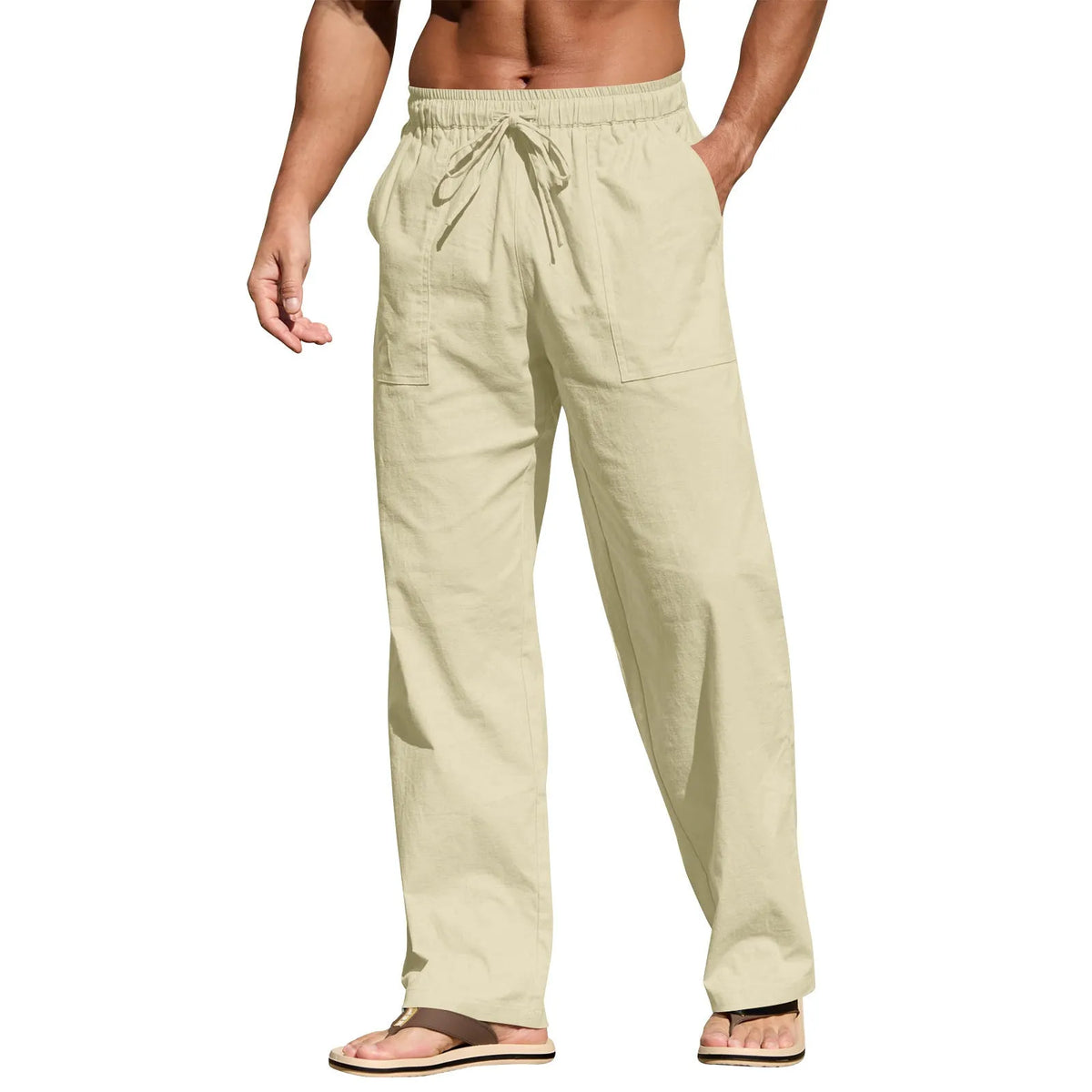 Men's straight leg cotton casual trousers with drawstring elastic waist in multiple colour options.