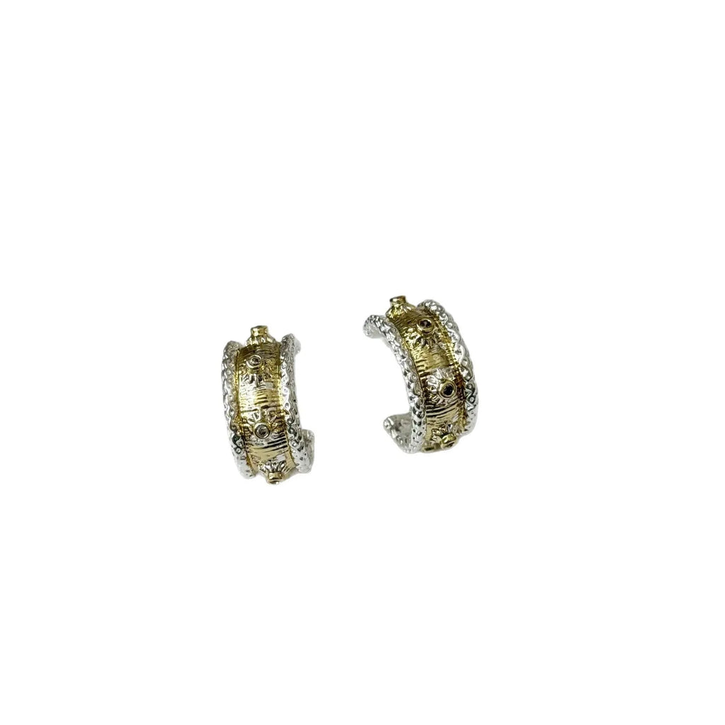 Gold and silver colour matching C-shaped brushed ring earrings with 925 silver needle on display