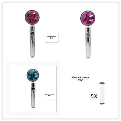 High-pressure handheld shower nozzle with cotton filter and stop button in various colours