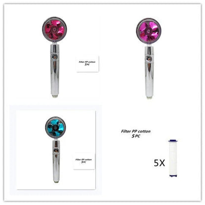 High-pressure handheld shower nozzle with cotton filter and stop button in various colours