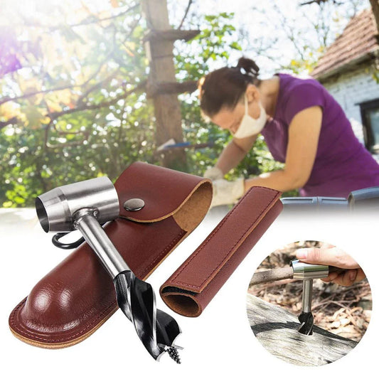 Rugged outdoor auger drill with leather case for camping, bushcraft, and survival gear