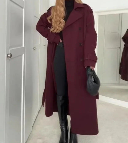 Women's wine red woolen trench coat with double-breasted design and adjustable belt