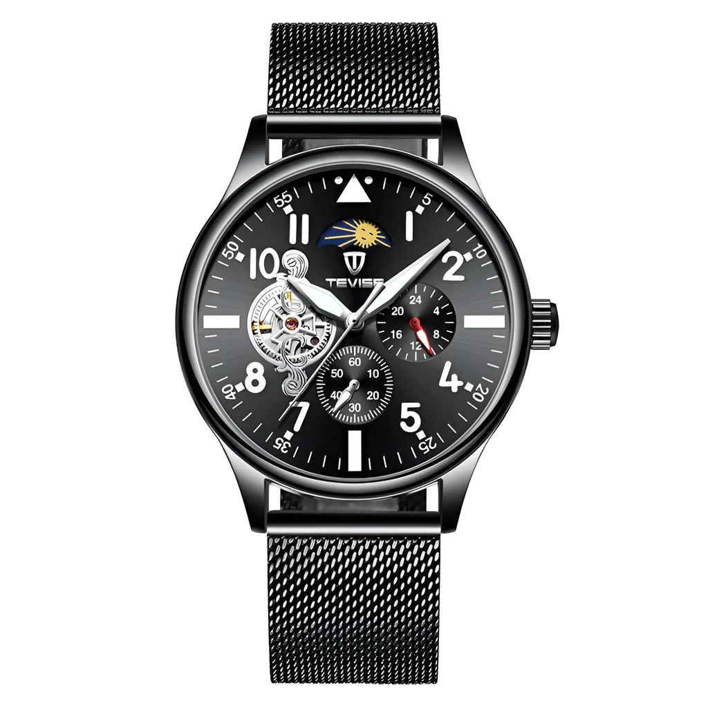 Black men's mechanical watch with moon phase display and luminous hands on alloy case
