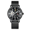 Black men's mechanical watch with moon phase display and luminous hands on alloy case