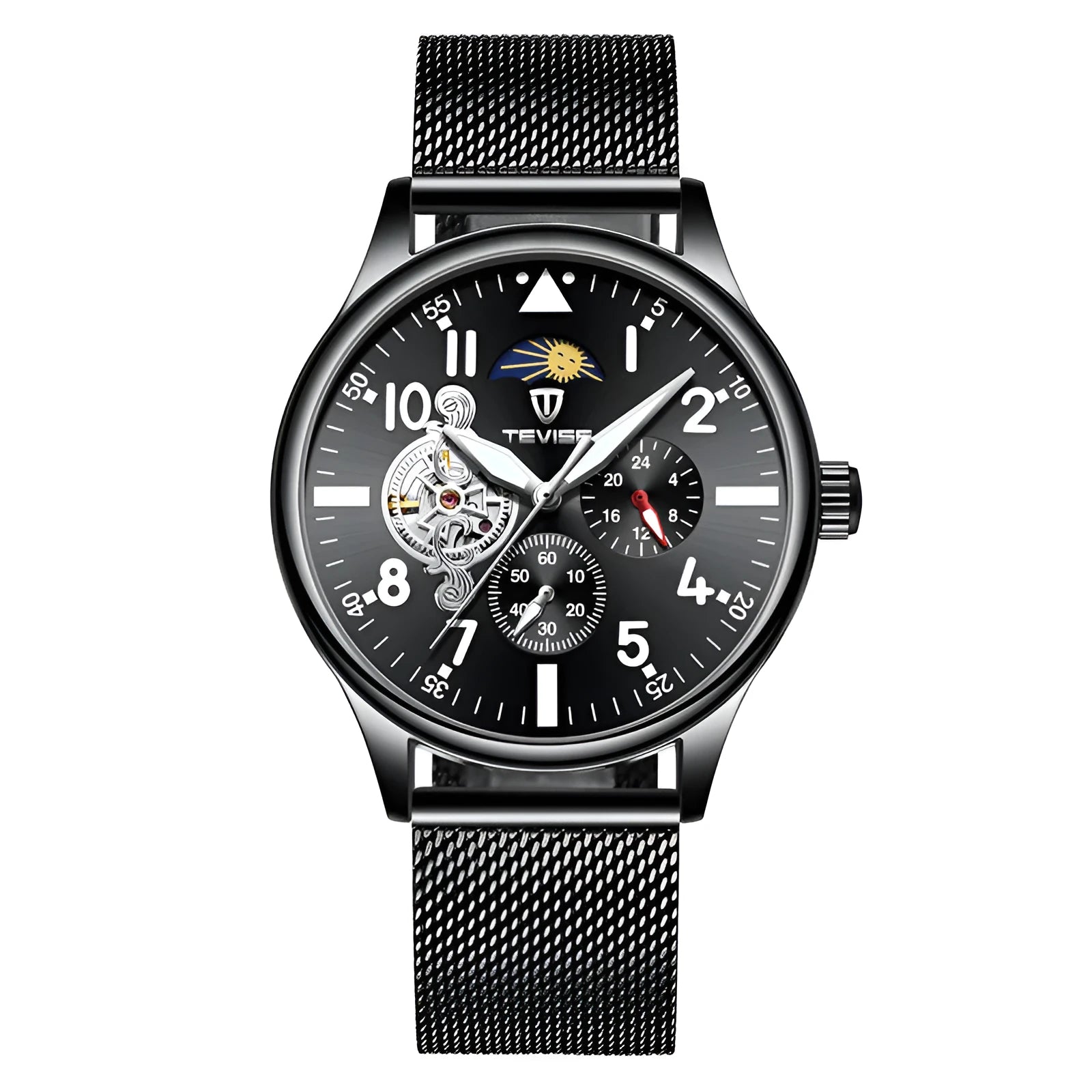 Black men's mechanical watch with moon phase display and luminous hands on alloy case