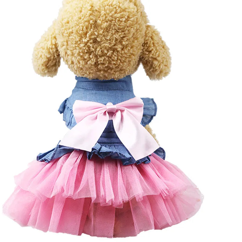 Korean denim pet skirt with creative bow design in princess style for dogs