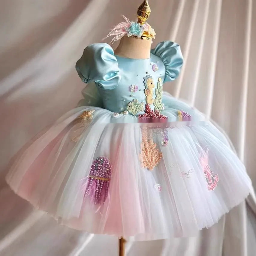 Sky blue girls FARCENT princess dress with bubble pettiskirt on child model showing full skirt shape