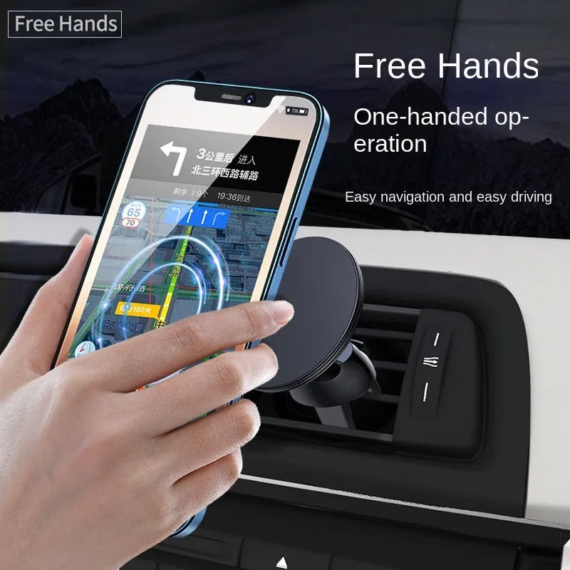 Black aluminium alloy magnetic car air vent phone holder attached to vehicle dashboard vent.