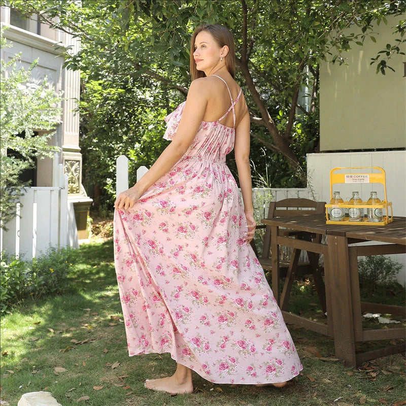 Women's pink floral printed summer dress in polyester fabric