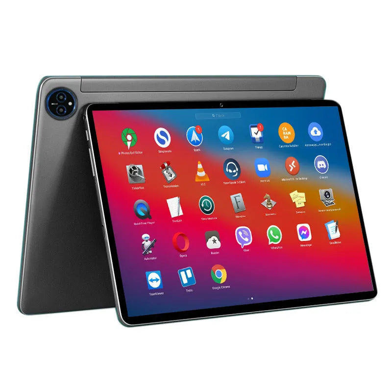 10-inch bare metal blue tablet PC with keyboard leather case open