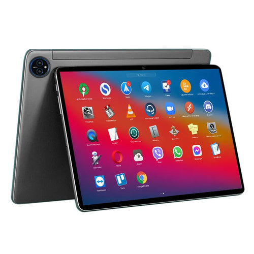 10-inch bare metal blue tablet PC with keyboard leather case open