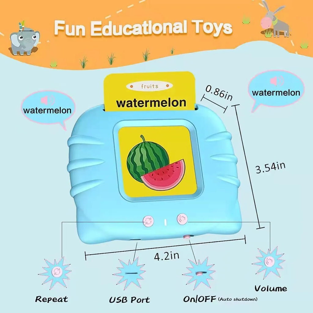 Blue children's English learning card machine with audiobook cards showing 18cm length