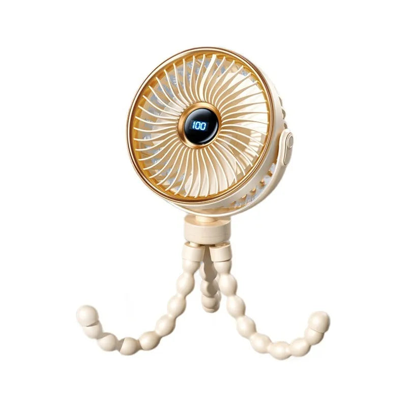Beige portable octopus clip-on mini stroller fan with rotating head shown next to a USB cable