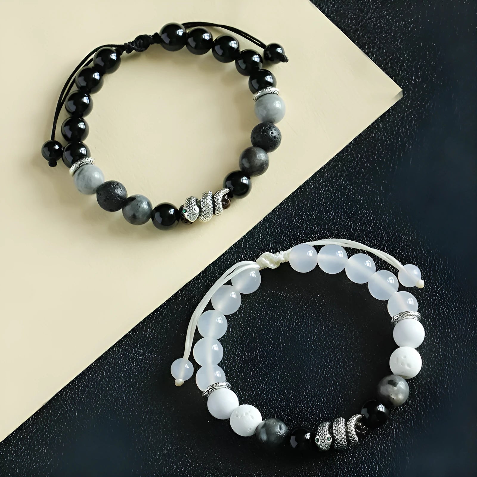 Handcrafted agate couple bracelets in black and white blessing snake style with natural stones