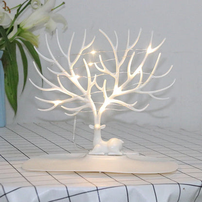 Deer antler jewelry stand in white and black, organising earrings and necklaces