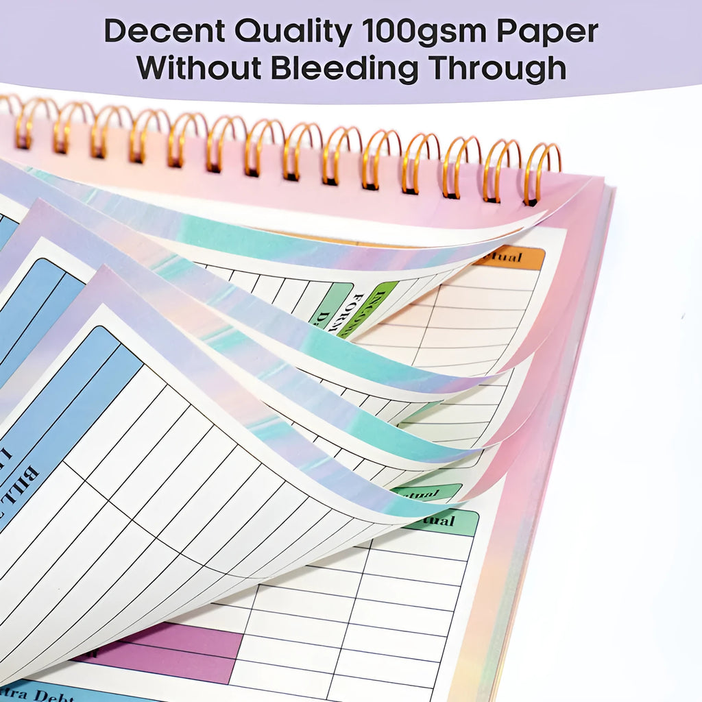 B5 size spiral-bound budget tally book with a PP cover, open on a table.