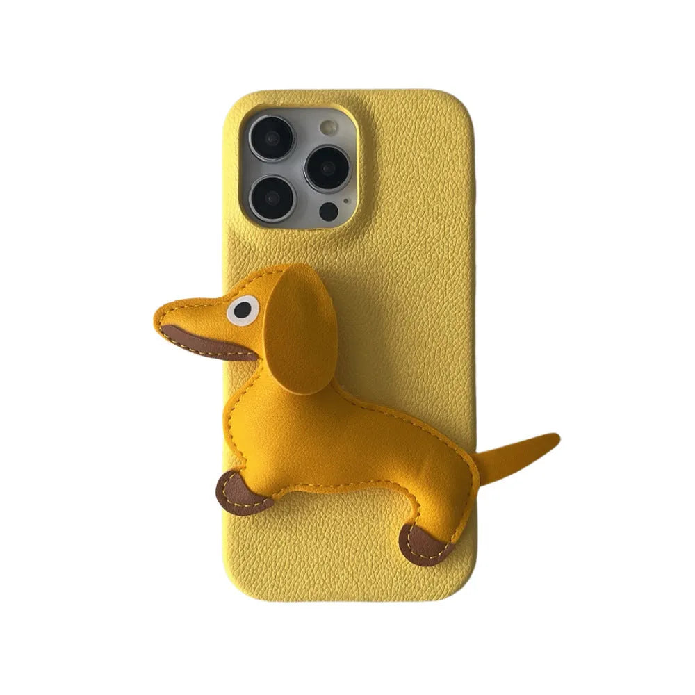 Creative three-dimensional leather sausage dog phone case for Apple iPhone in yellow