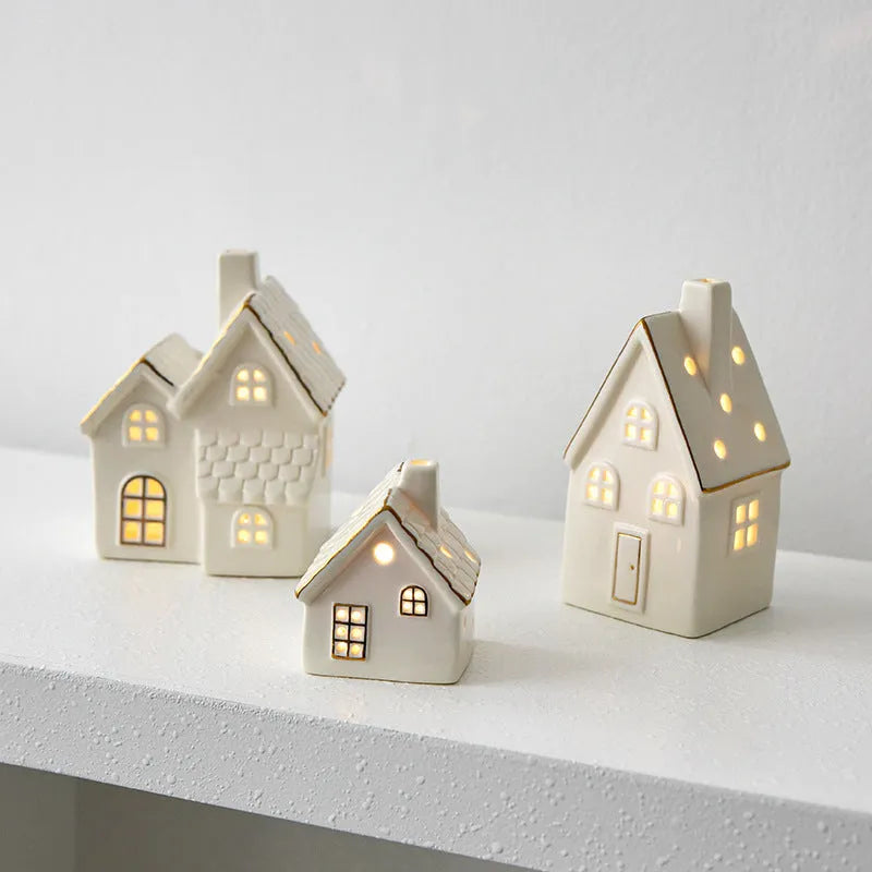 Creative ceramic Christmas tree house ornament in European villa style with open door design