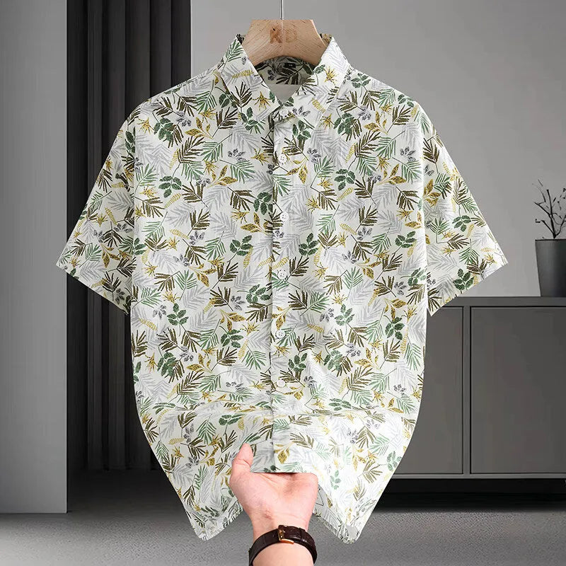 Men's short sleeve cotton shirt with colourful Hawaiian floral print, cardigan style.