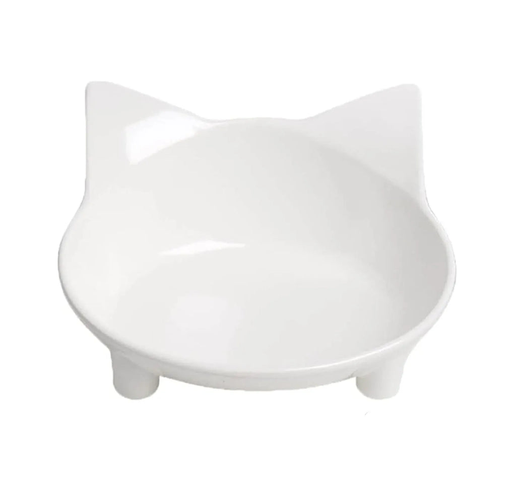 Black shallow cat food bowl with non-slip rubber base on kitchen floor