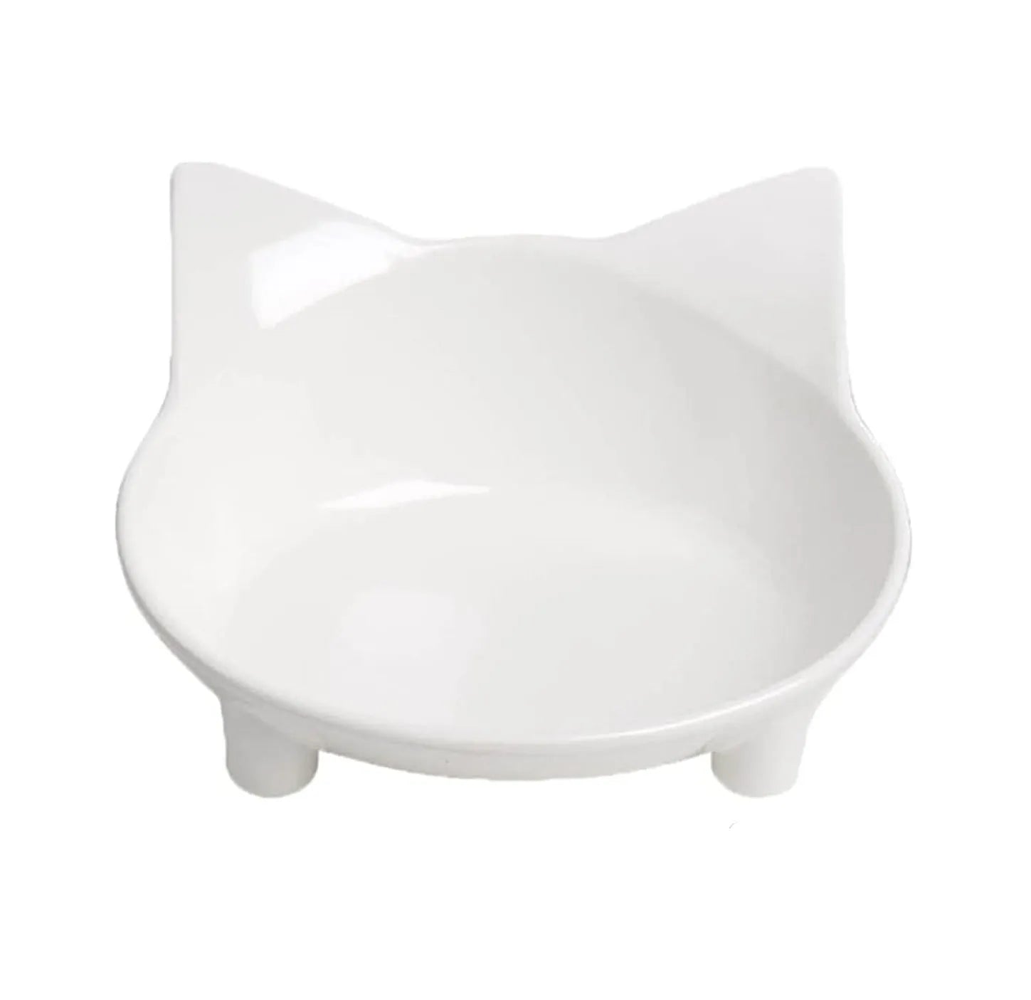 Black shallow cat food bowl with non-slip rubber base on kitchen floor