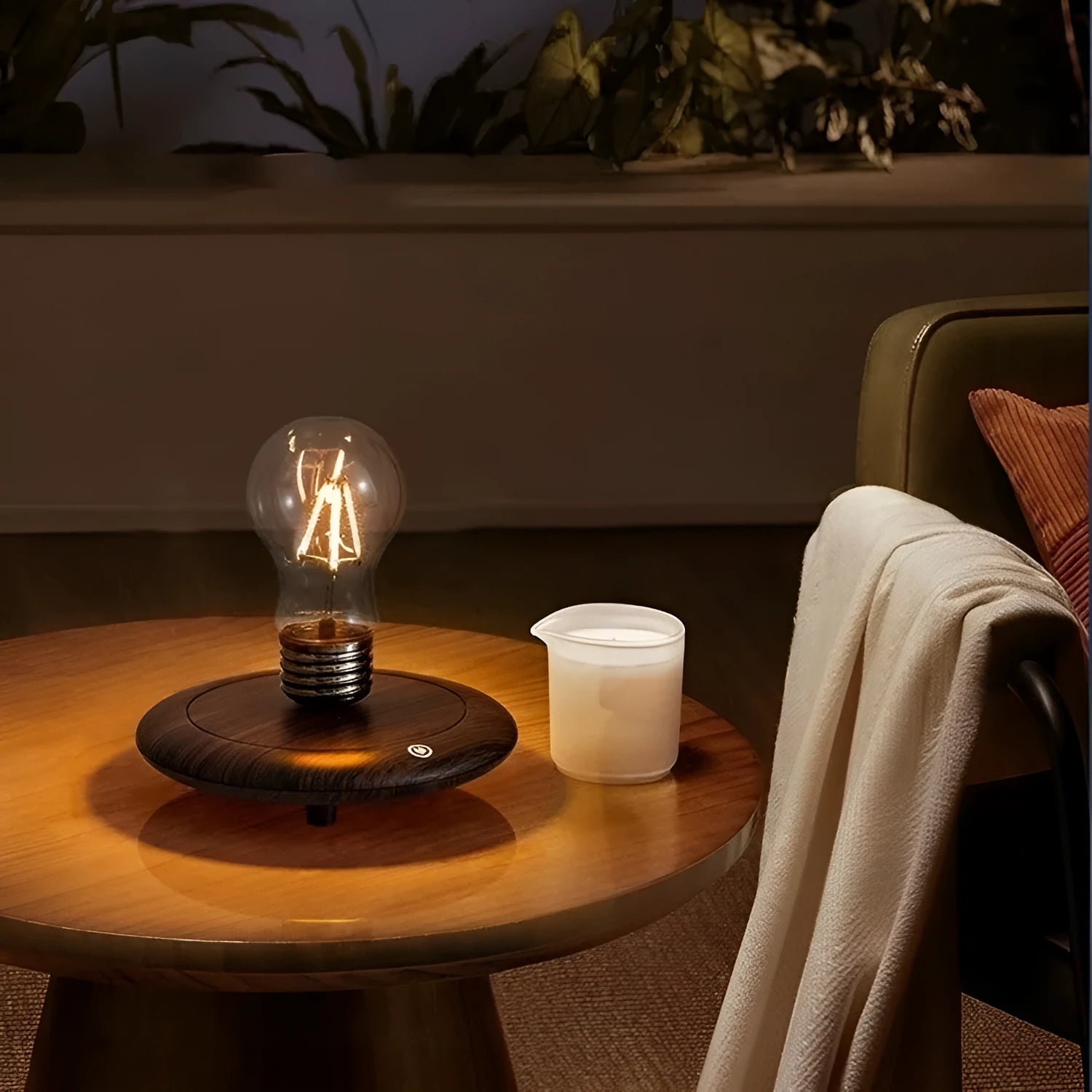 Modern suspension bulb desk night lamp with iron art construction and black wood grain base.