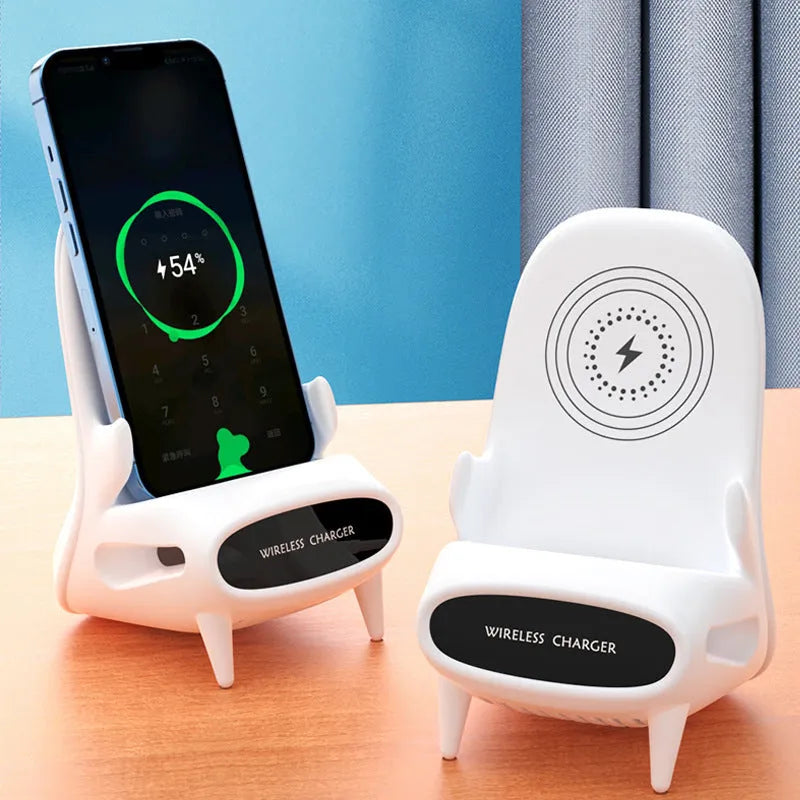 White mini chair shaped wireless charging stand for smartphones on desk