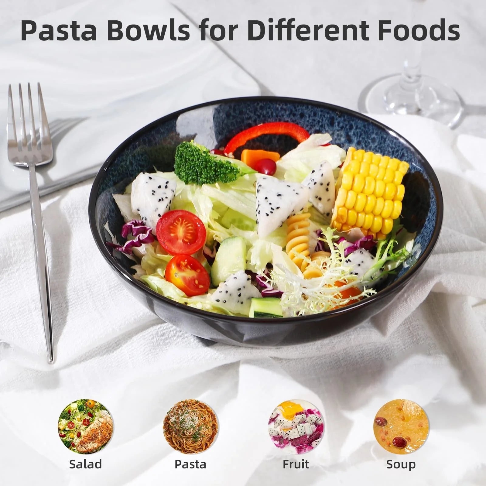 Peacock blue ceramic bowl set, 30oz capacity, dishwasher and oven safe