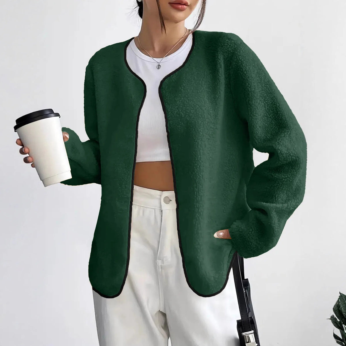 Women's fashion casual solid colour cardigan short jacket in brick red, medium thickness polyester fabric, long sleeves, regular fit