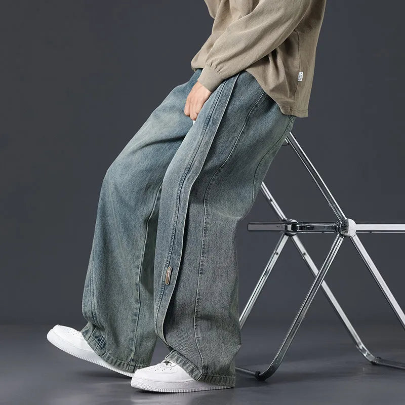 Retro patchwork washed oversized jeans men cotton black blue gray blue plus size trousers
