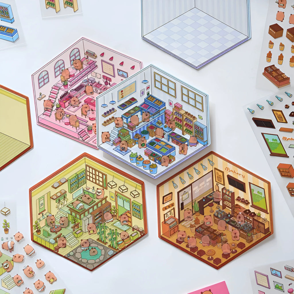 Set of eight Capabala 3D cartoon shop stickers including bakery, flower shop, and bookstore designs.